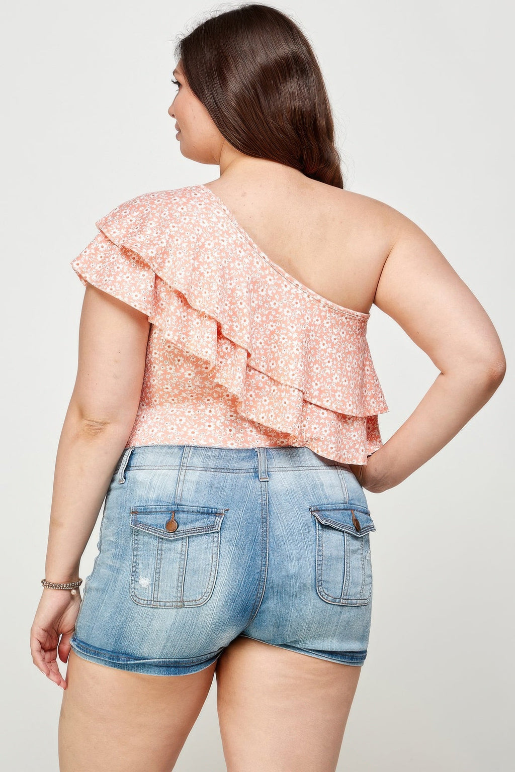 Plus Size Ditsy Floral One Shoulder Bodysuit - Crowned Energy CO.