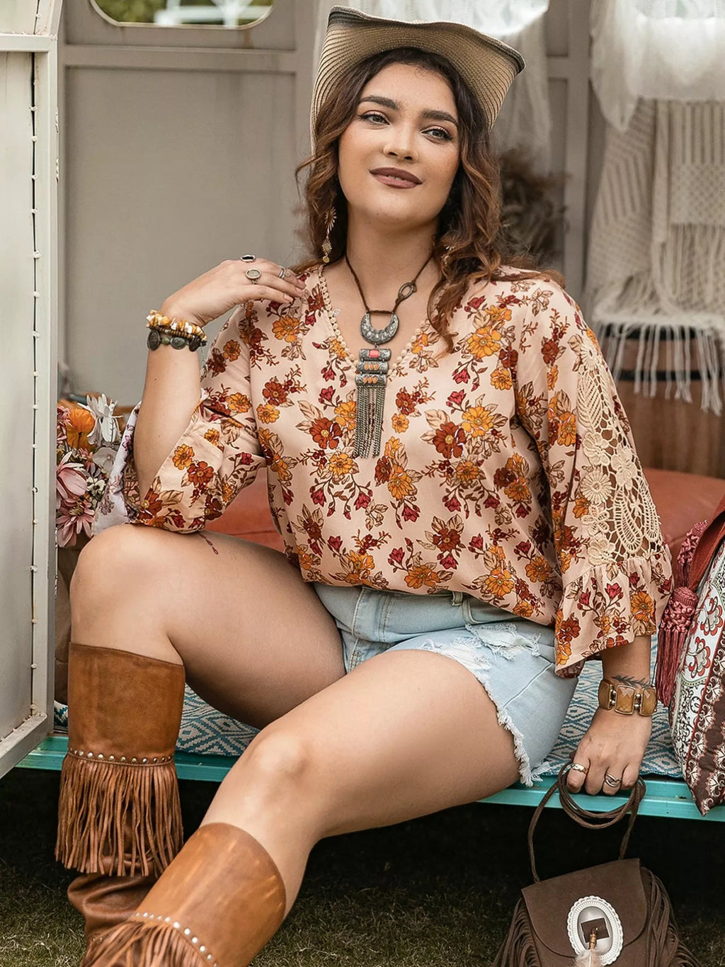 Plus Size Floral Lace Detail V - Neck Blouse - Goddess Vibes