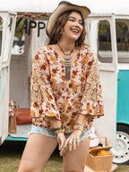 Plus Size Floral Lace Detail V - Neck Blouse - Goddess Vibes