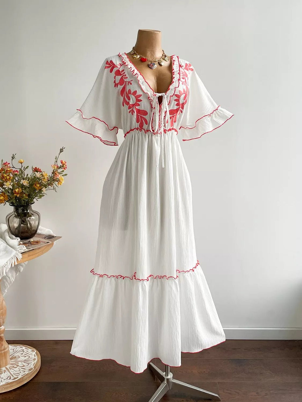 Crowned Energy CO. White / 0XL Trendsi Dresses Plus Size Front Tie Maxi Dress with Floral Embroidered