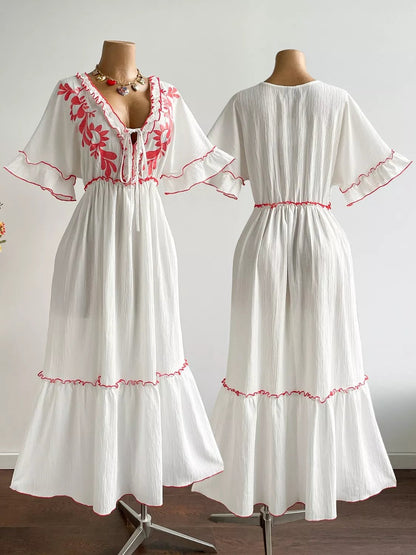 Plus Size Front Tie Maxi Dress with Floral Embroidered - Goddess Vibes