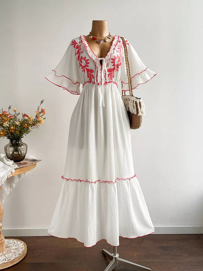 Plus Size Front Tie Maxi Dress with Floral Embroidered - Goddess Vibes