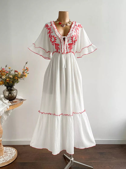 Plus Size Front Tie Maxi Dress with Floral Embroidered - Goddess Vibes