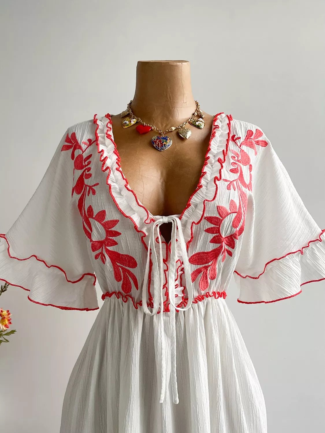 Plus Size Front Tie Maxi Dress with Floral Embroidered - Goddess Vibes