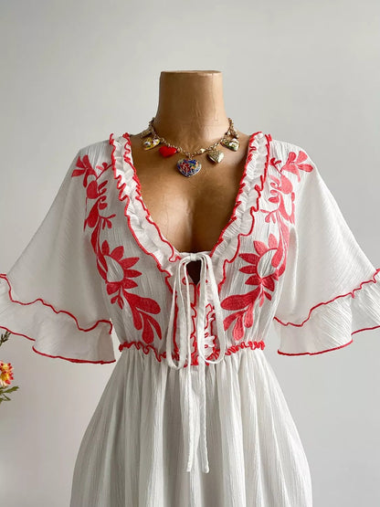 Plus Size Front Tie Maxi Dress with Floral Embroidered - Goddess Vibes