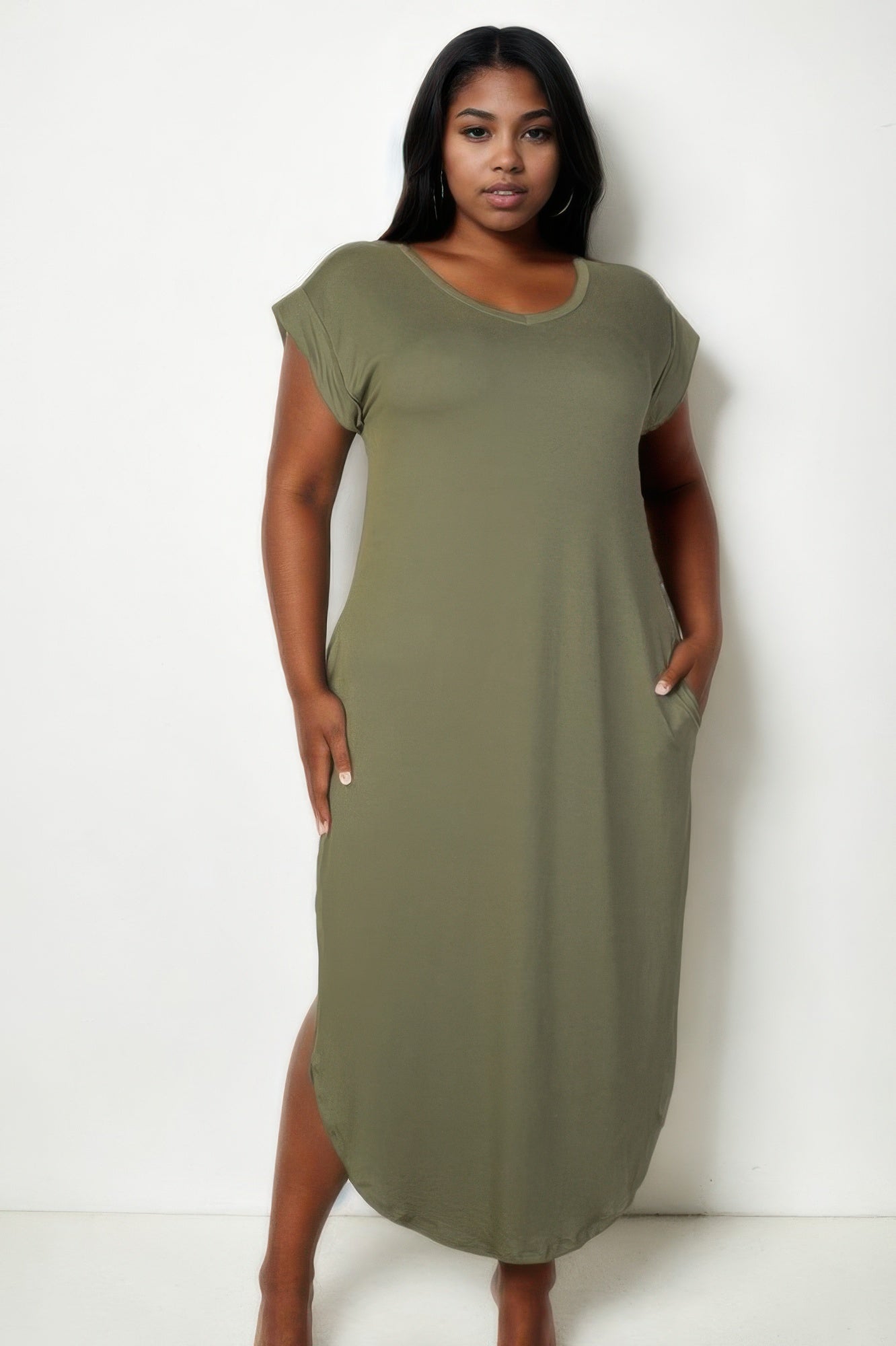 Crowned Energy CO. Olive / 1XL CCWHOLESALECLOTHING Plus Size Hidden Pocket Batwing Sleeve V Neck Long Dress