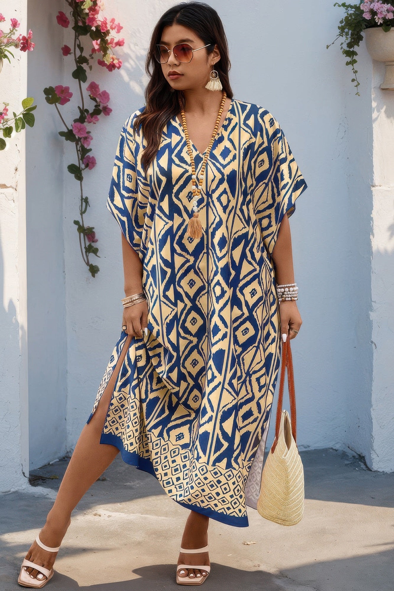 Plus Size Navy Blue Printed V-Neck Maxi Dress - Crowned Energy CO.