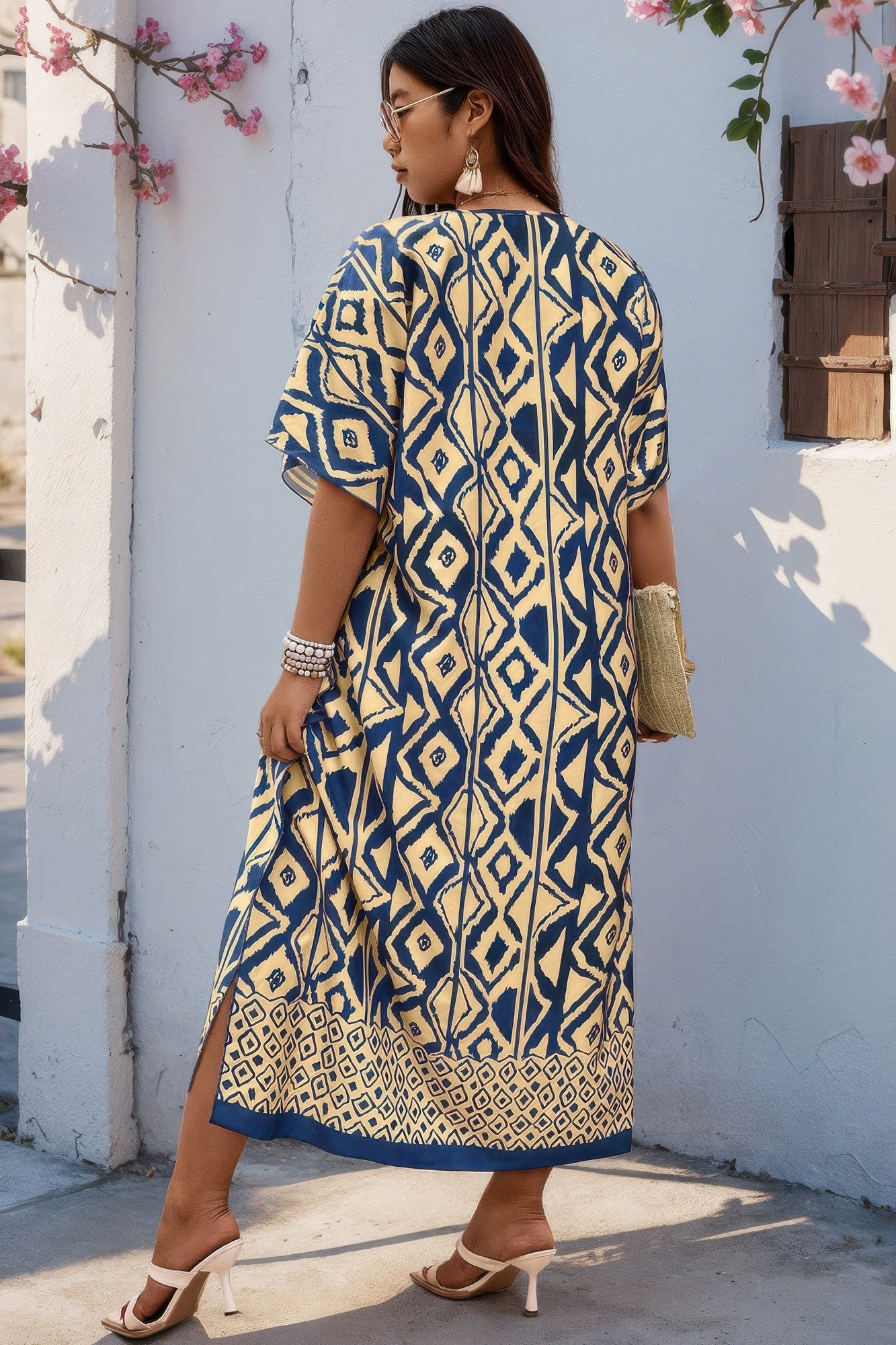 Plus Size Navy Blue Printed V-Neck Maxi Dress - Crowned Energy CO.