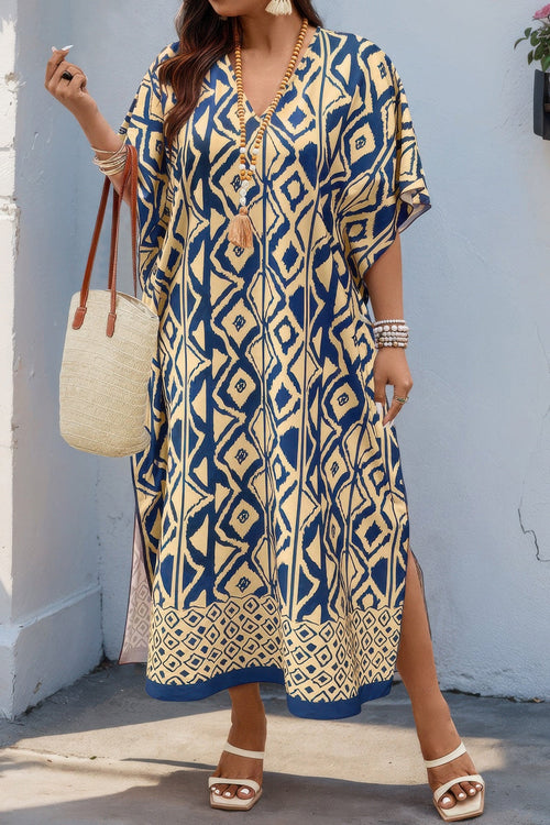 Plus Size Navy Blue Printed V-Neck Maxi Dress - Crowned Energy CO.
