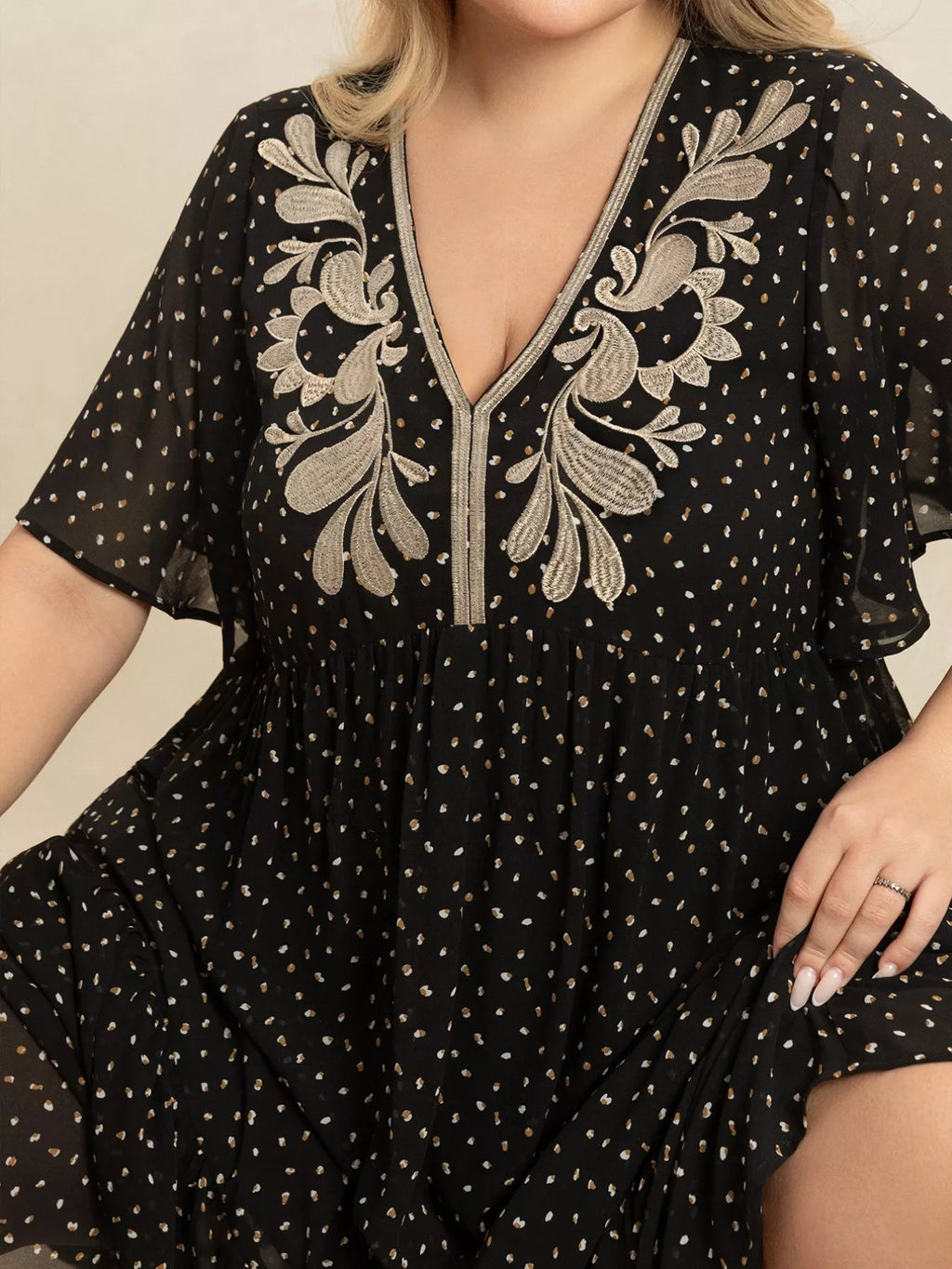 Plus Size Printed V - Neck Flutter Sleeve Maxi Dress - Goddess Vibes