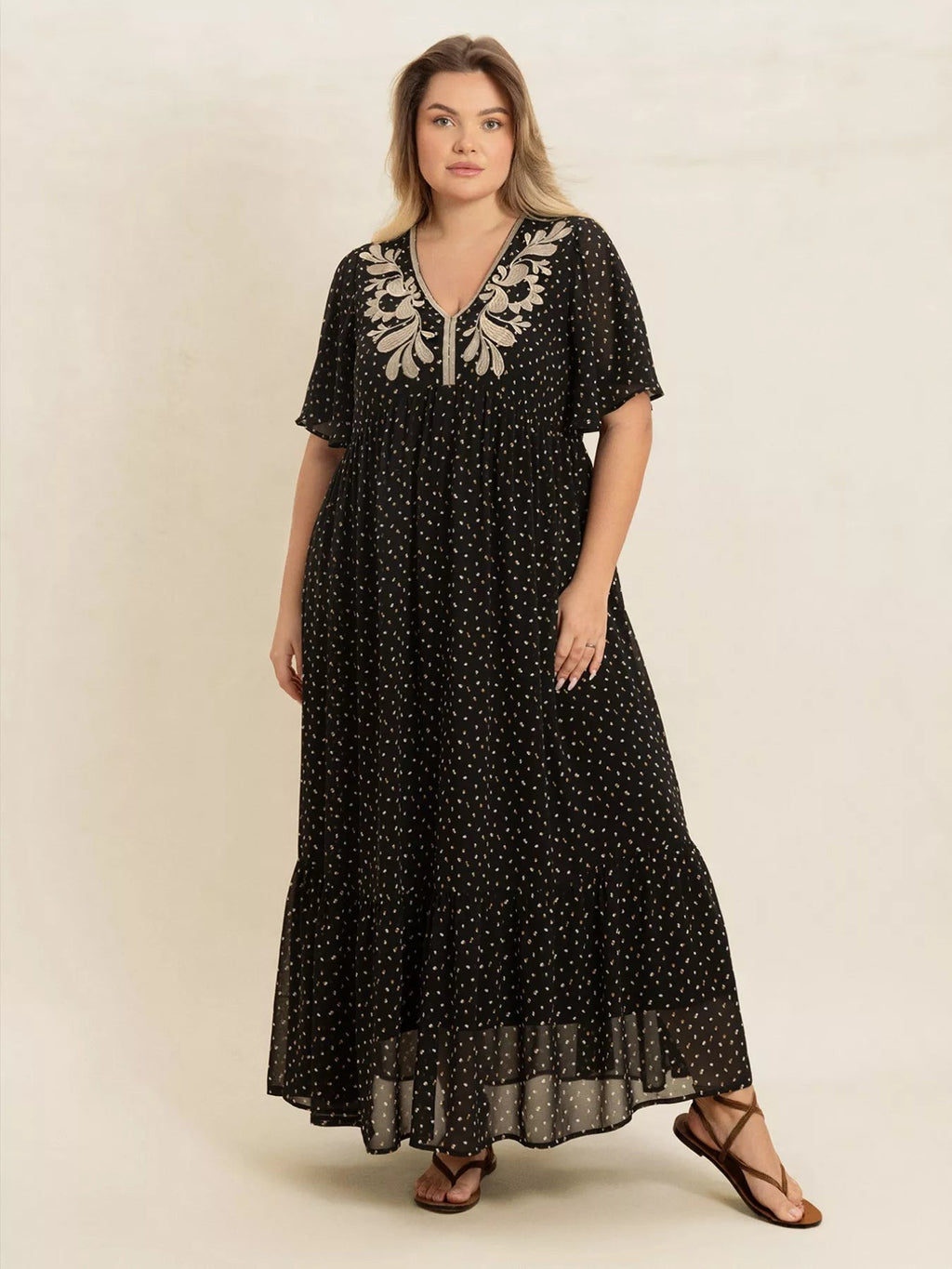 Plus Size Printed V - Neck Flutter Sleeve Maxi Dress - Goddess Vibes