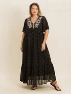Plus Size Printed V - Neck Flutter Sleeve Maxi Dress - Goddess Vibes