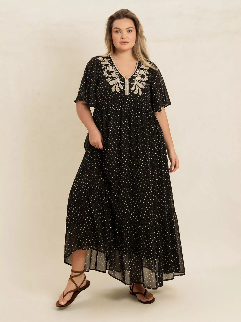 Plus Size Printed V - Neck Flutter Sleeve Maxi Dress - Goddess Vibes