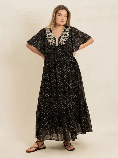 Plus Size Printed V - Neck Flutter Sleeve Maxi Dress - Goddess Vibes