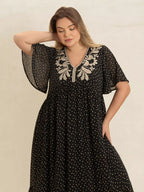 Plus Size Printed V - Neck Flutter Sleeve Maxi Dress - Goddess Vibes