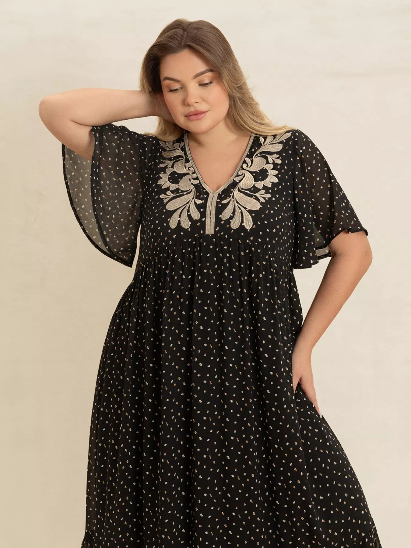 Plus Size Printed V - Neck Flutter Sleeve Maxi Dress - Goddess Vibes