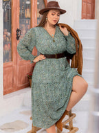 Plus Size Printed V - Neck Long Sleeve Midi Dress - Goddess Vibes