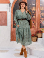 Plus Size Printed V - Neck Long Sleeve Midi Dress - Goddess Vibes