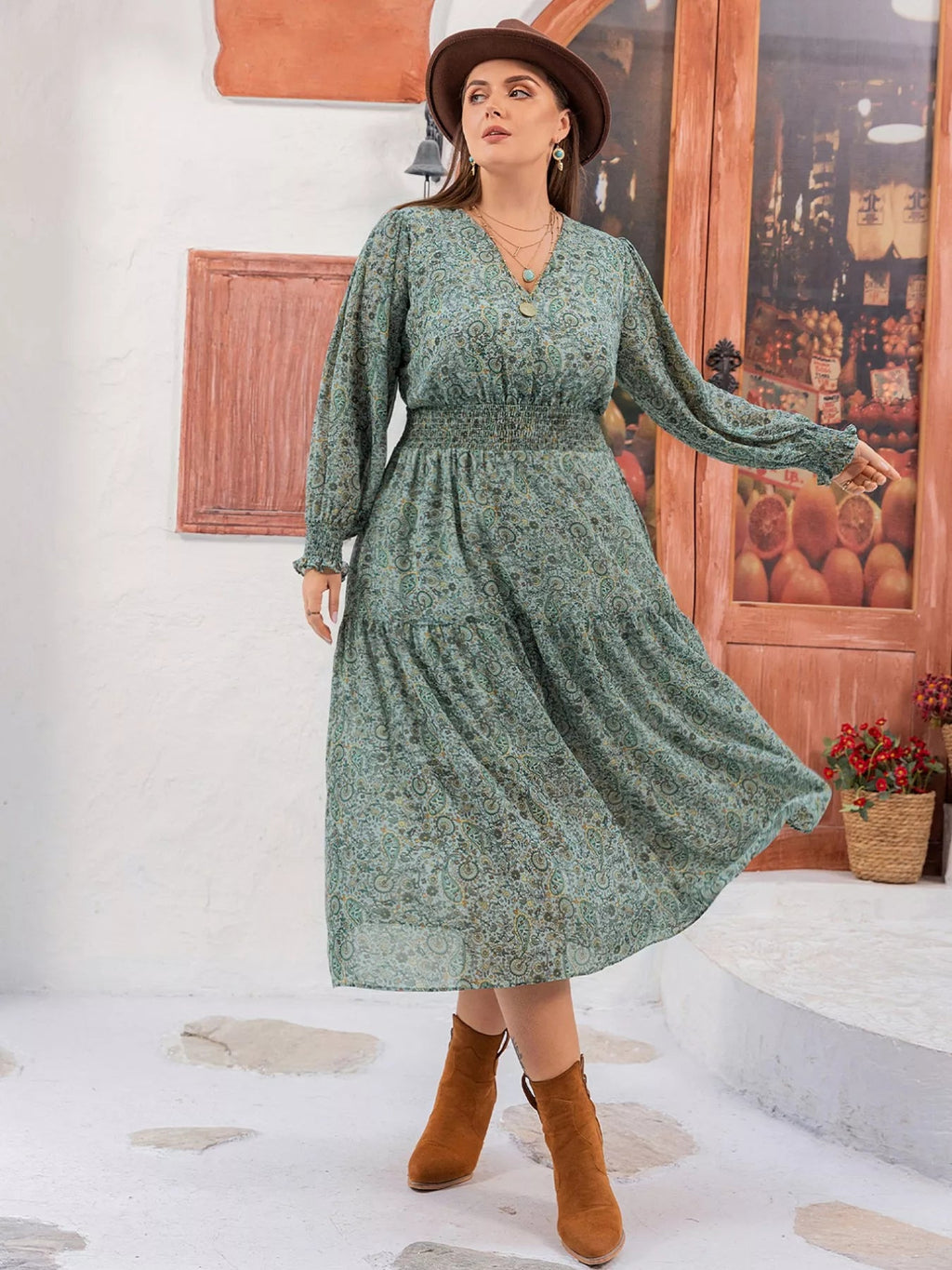 Plus Size Printed V - Neck Long Sleeve Midi Dress - Goddess Vibes