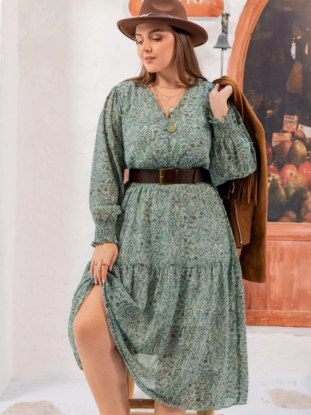 Plus Size Printed V - Neck Long Sleeve Midi Dress - Goddess Vibes