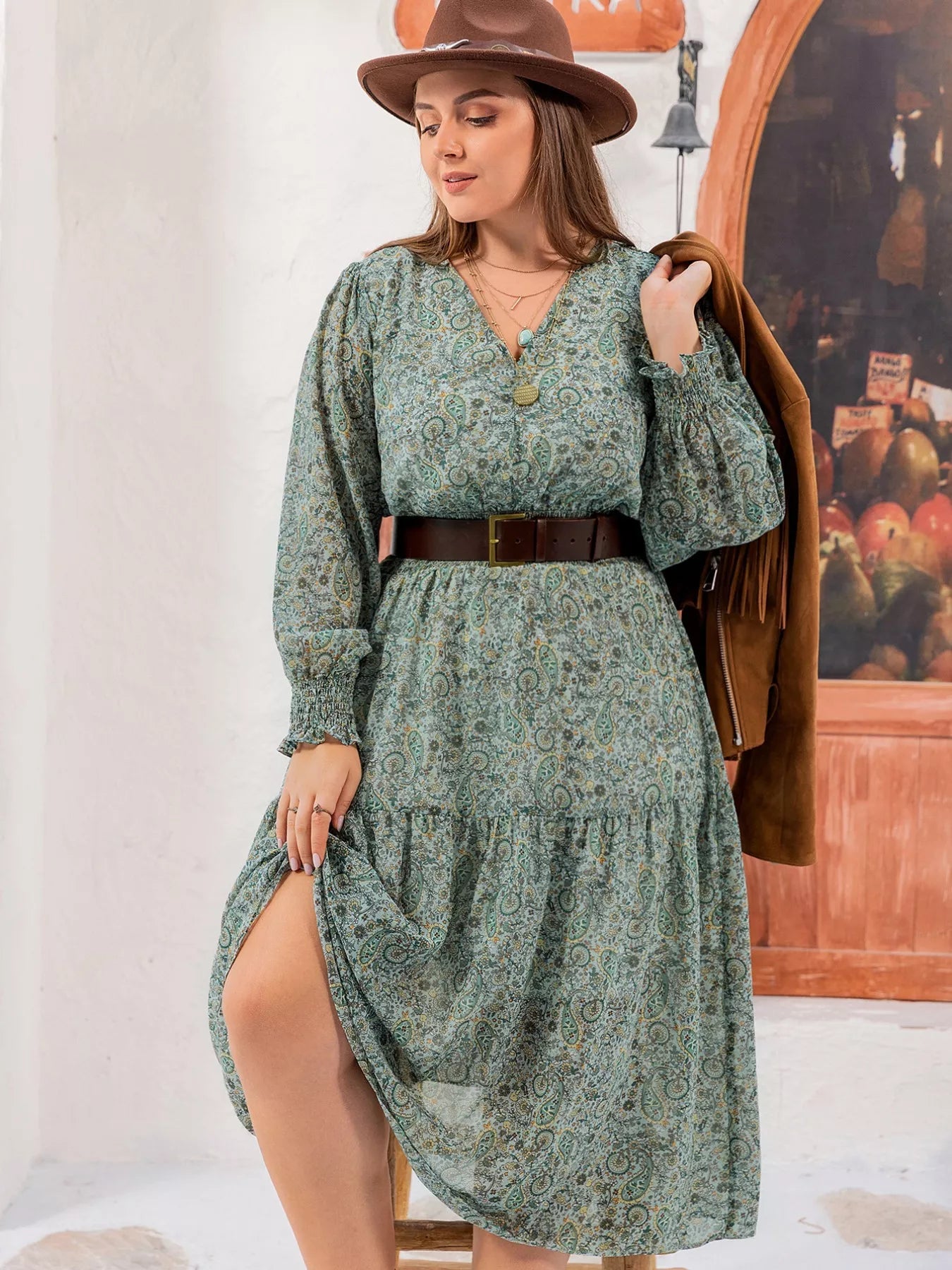 Plus Size Printed V - Neck Long Sleeve Midi Dress - Goddess Vibes