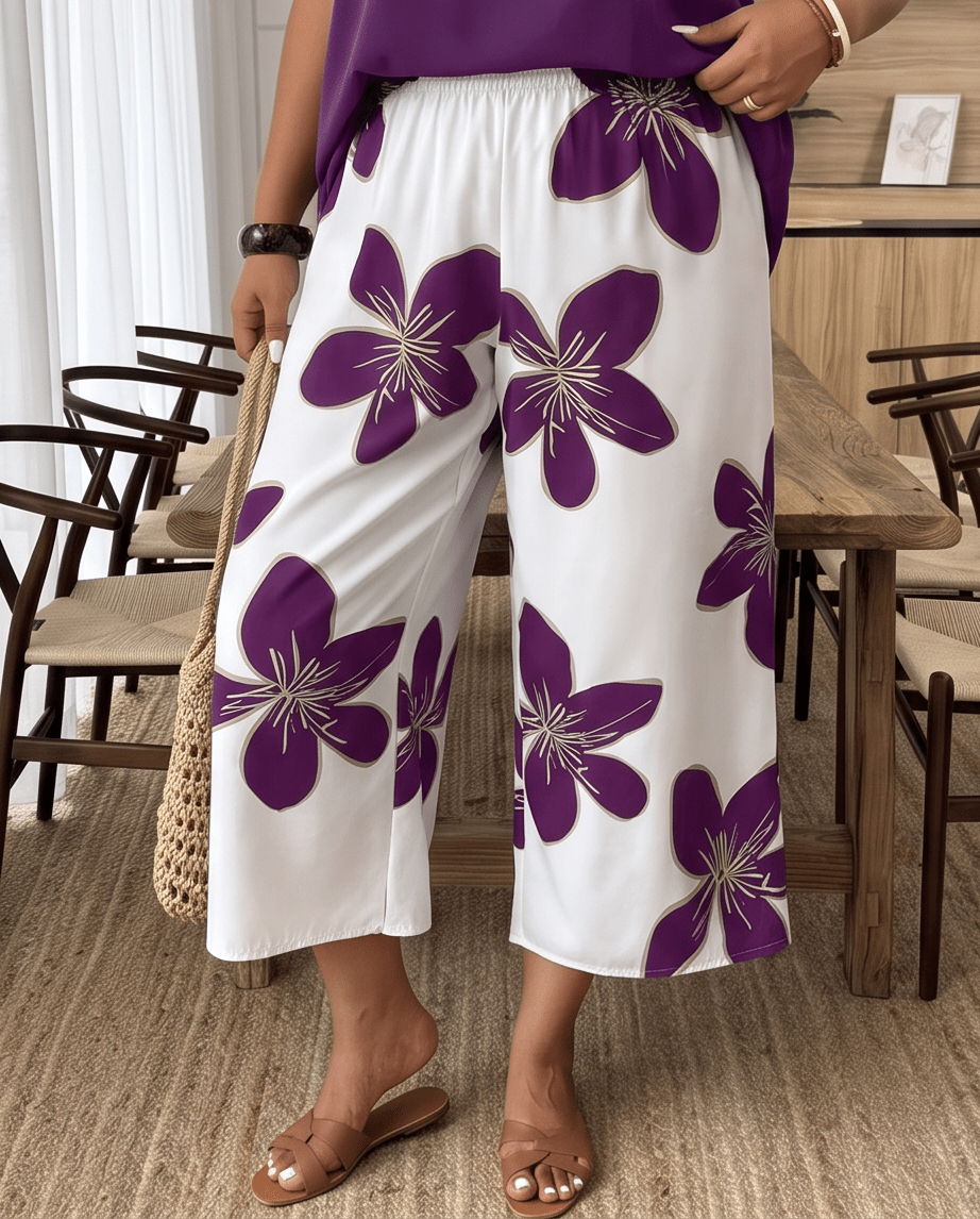 Plus Size Purple Floral Two-Piece Set - Crowned Energy CO.