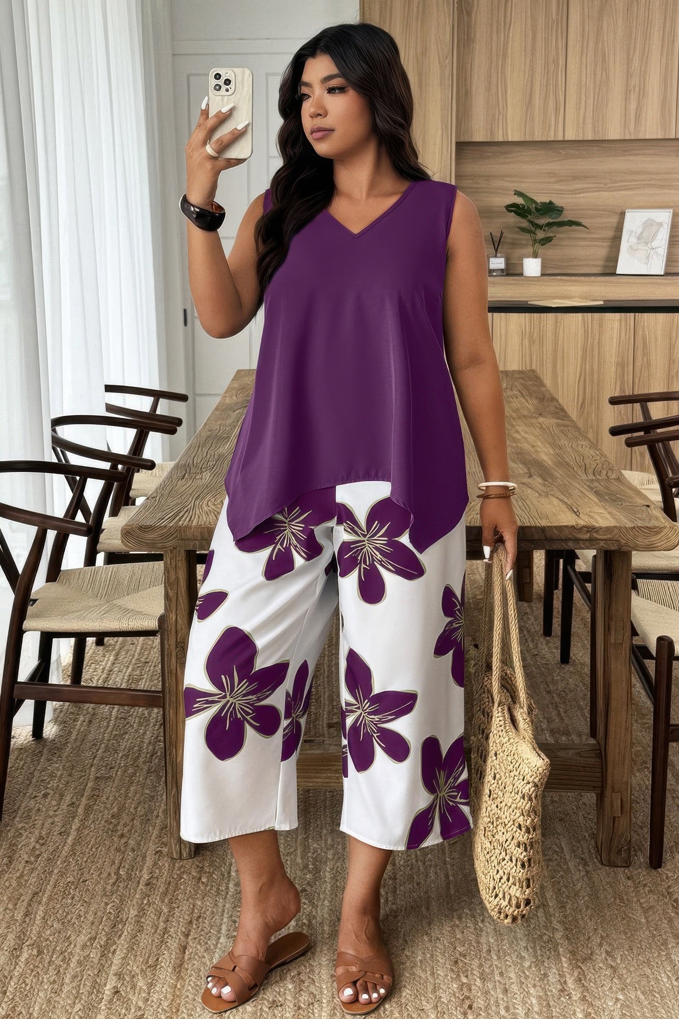 Plus Size Purple Floral Two-Piece Set - Crowned Energy CO.