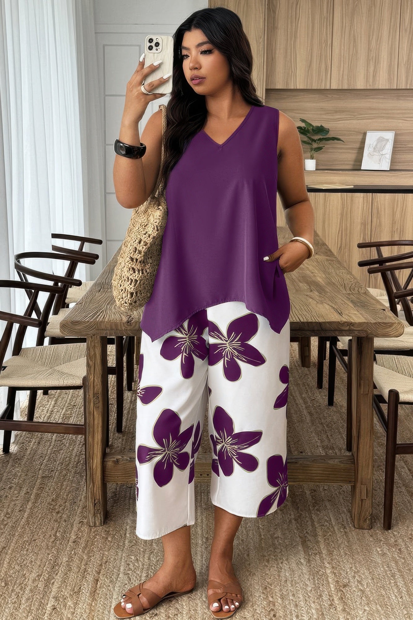 Plus Size Purple Floral Two-Piece Set - Crowned Energy CO.