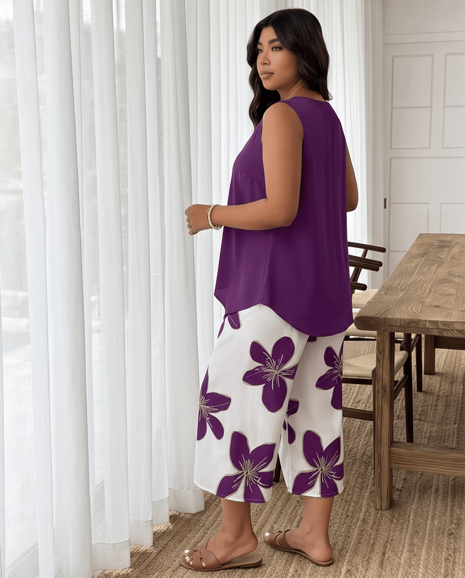 Plus Size Purple Floral Two-Piece Set - Crowned Energy CO.