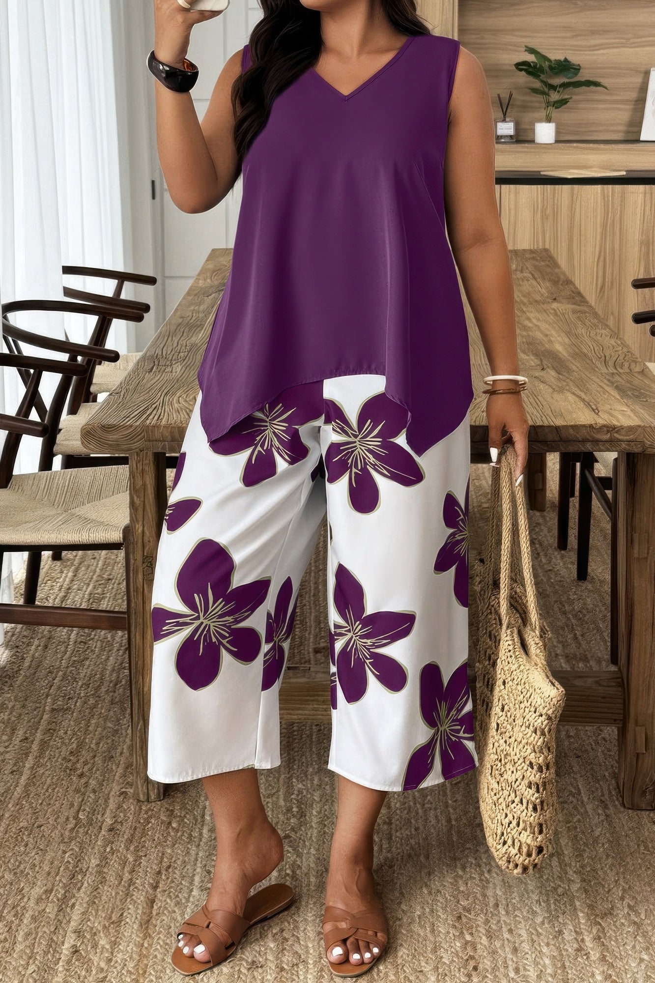Plus Size Purple Floral Two-Piece Set - Crowned Energy CO.