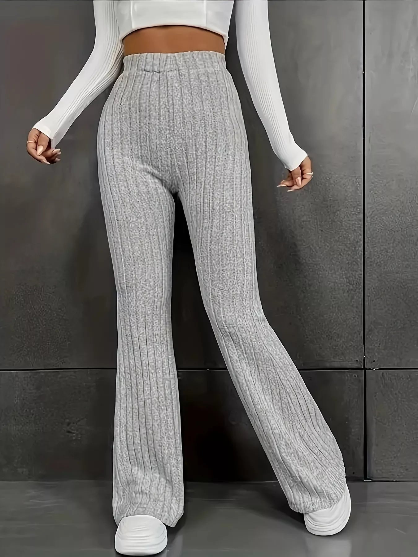 Plus Size Ribbed Knit High Waist Flare Pants - Crowned Energy CO.