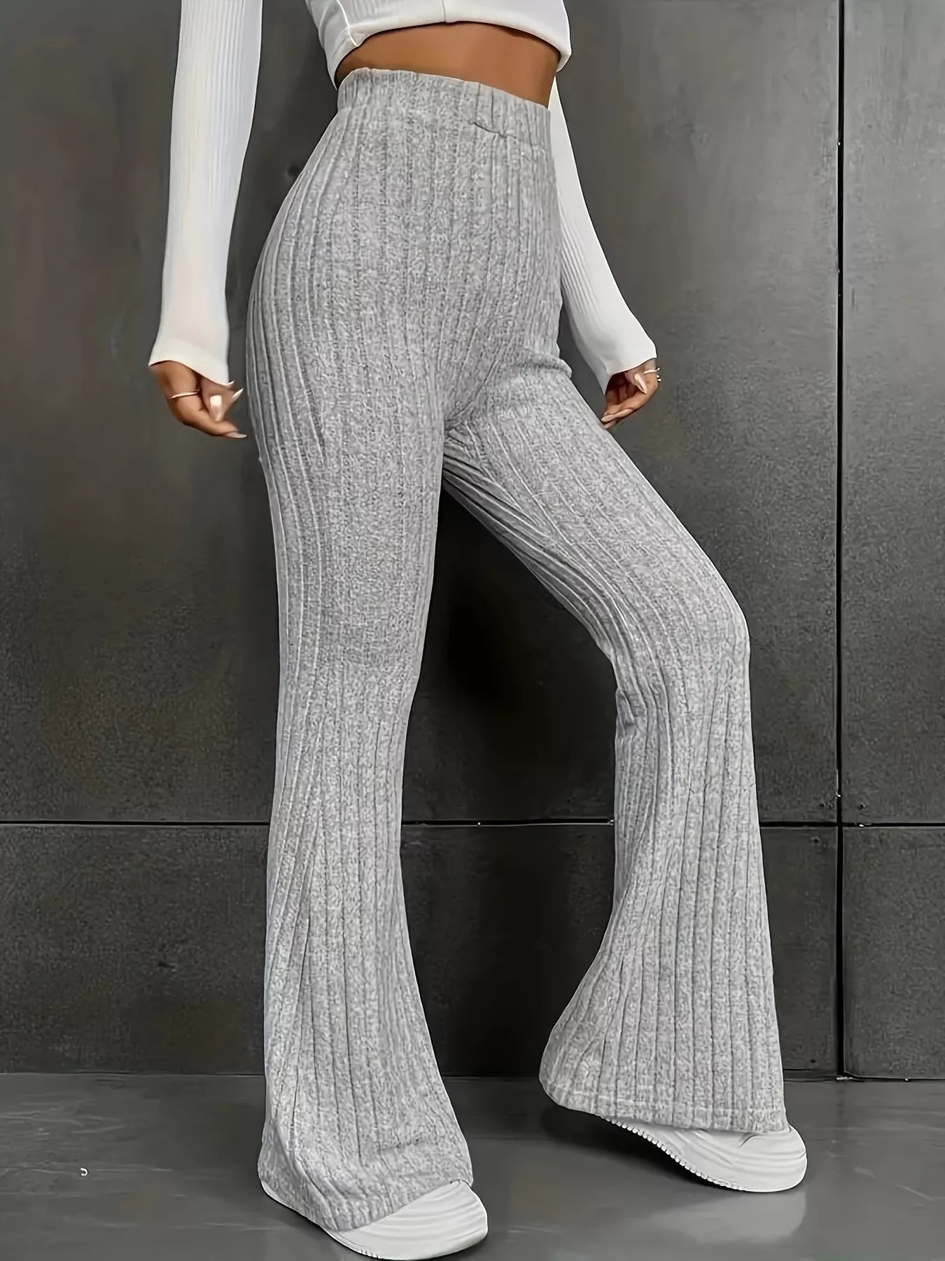 Plus Size Ribbed Knit High Waist Flare Pants - Crowned Energy CO.