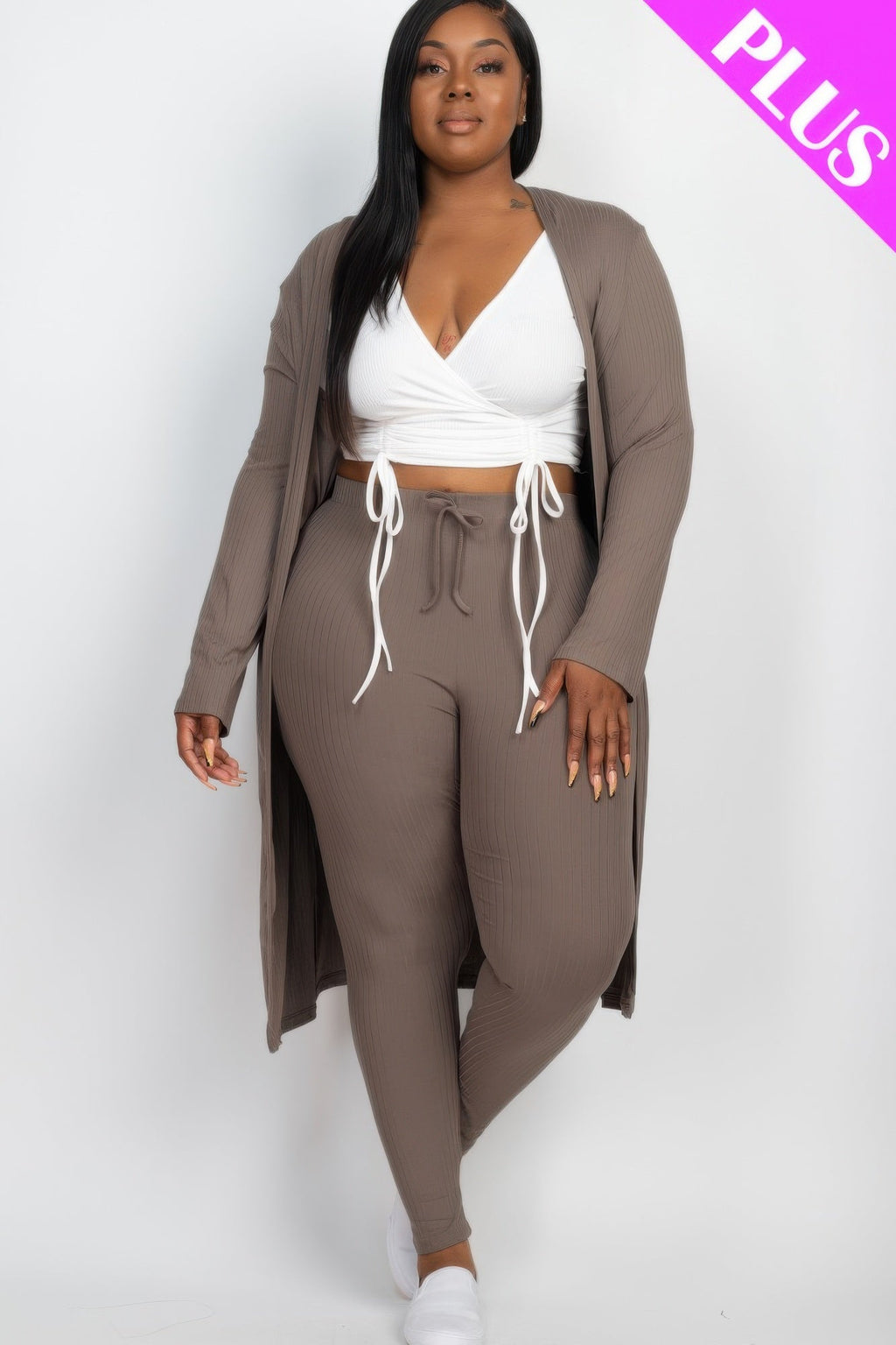 Plus Size Ribbed Long Cardigan & Leggings Set - Goddess Vibes