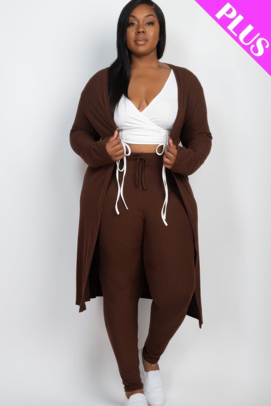 Plus Size Ribbed Long Cardigan & Leggings Set - Goddess Vibes