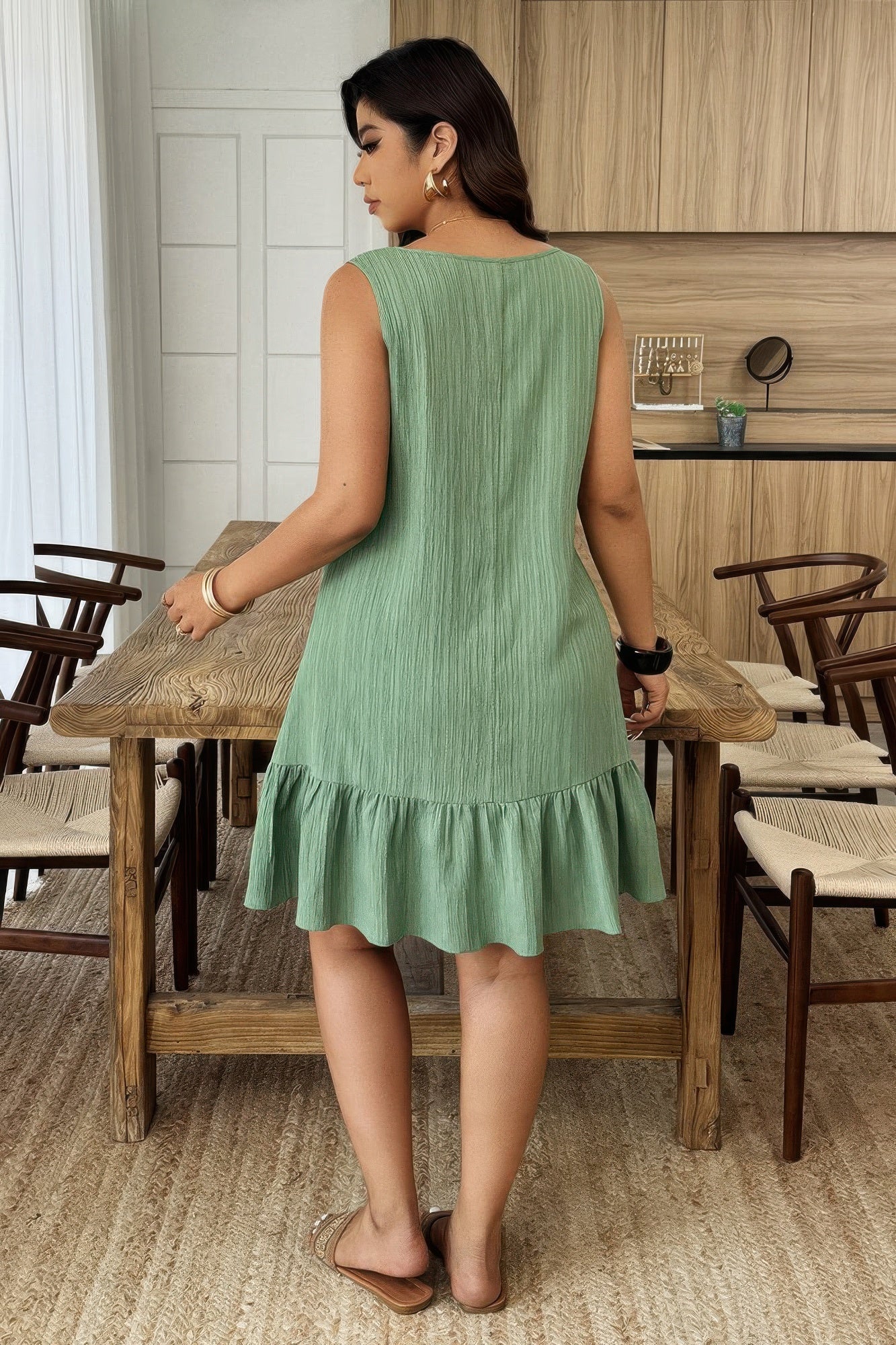 Plus Size Sage Green Asymmetrical Collar Ruffle Hem Dress - Crowned Energy CO.