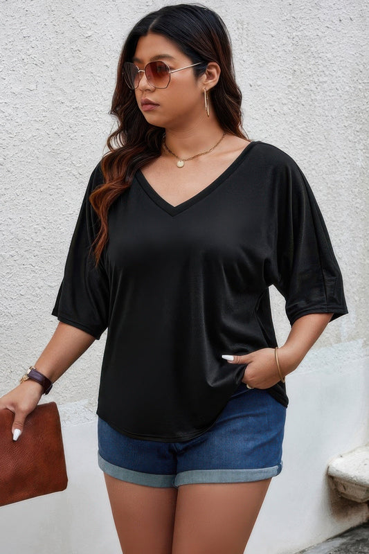 Plus Size Solid Drop Shoulder Short Sleeve Shirt - Goddess Vibes