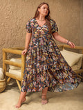 Crowned Energy CO. Multicolor / 0XL Trendsi Dresses/Midi Dresses Plus Size V-Neck Short Sleeve Midi Dress