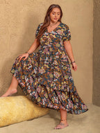 Plus Size V - Neck Short Sleeve Midi Dress - Goddess Vibes