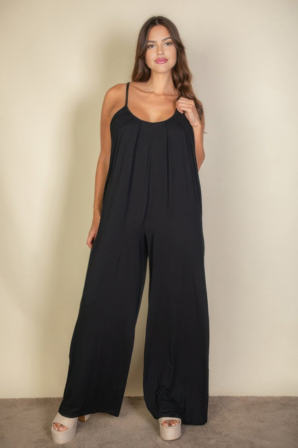 Crowned Energy CO. Olive / 1XL CCWHOLESALECLOTHING Jumpsuit Plus Spaghetti Strap Solid Wide Jumpsuit