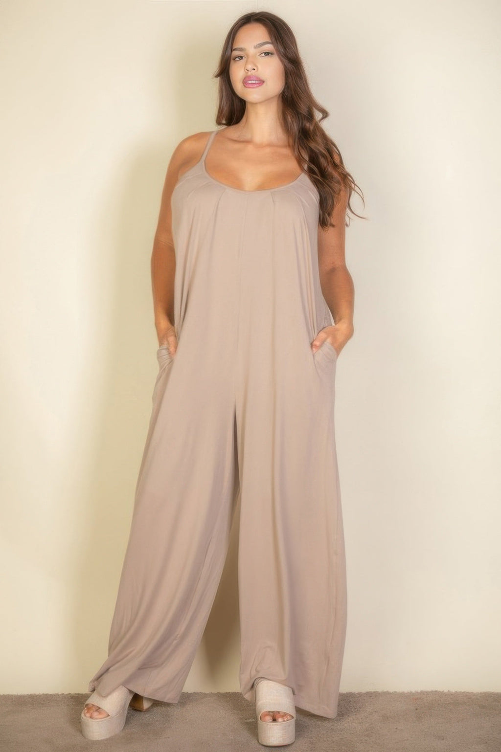 Crowned Energy CO. Taupe / 1XL CCWHOLESALECLOTHING Jumpsuit Plus Spaghetti Strap Solid Wide Jumpsuit