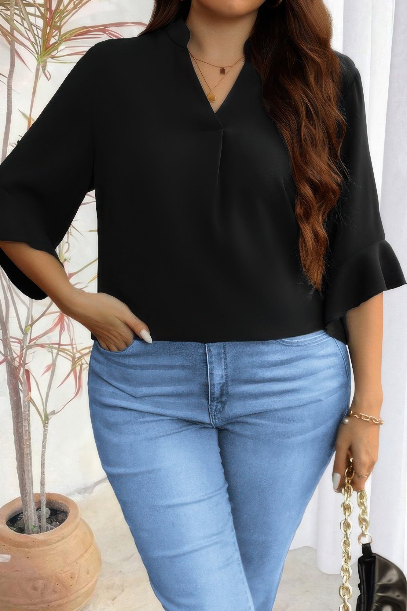 Plus V Neck Ruffle Half Sleeves Loose Blouse - Goddess Vibes