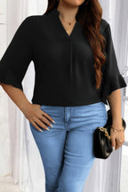 Plus V Neck Ruffle Half Sleeves Loose Blouse - Goddess Vibes