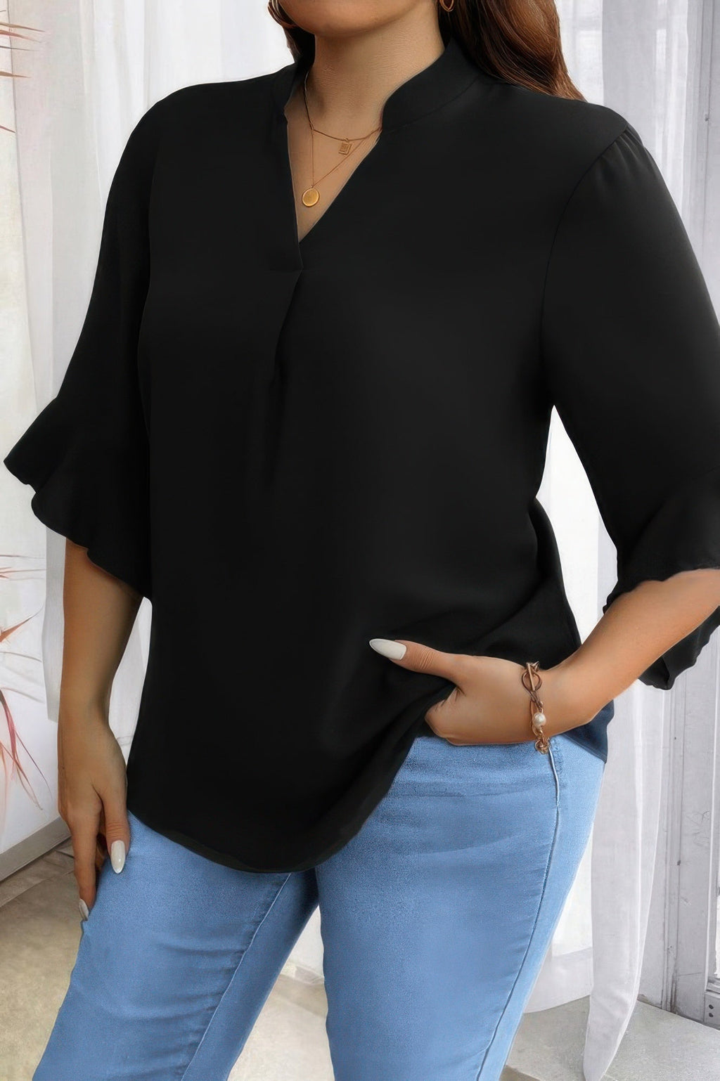 Plus V Neck Ruffle Half Sleeves Loose Blouse - Goddess Vibes