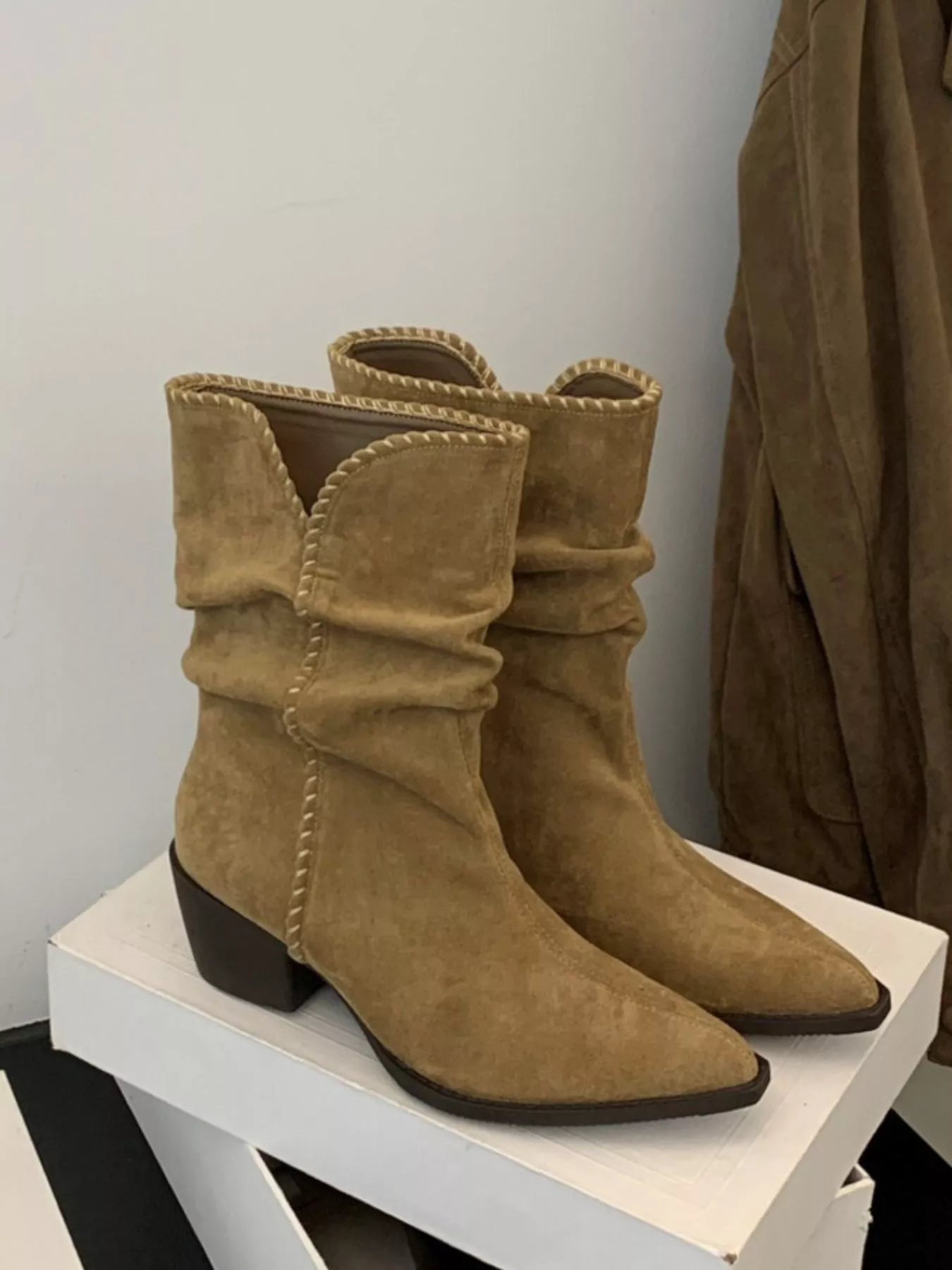 Pointed Toe Suede Block Heel Ankle Boots - Crowned Energy CO.