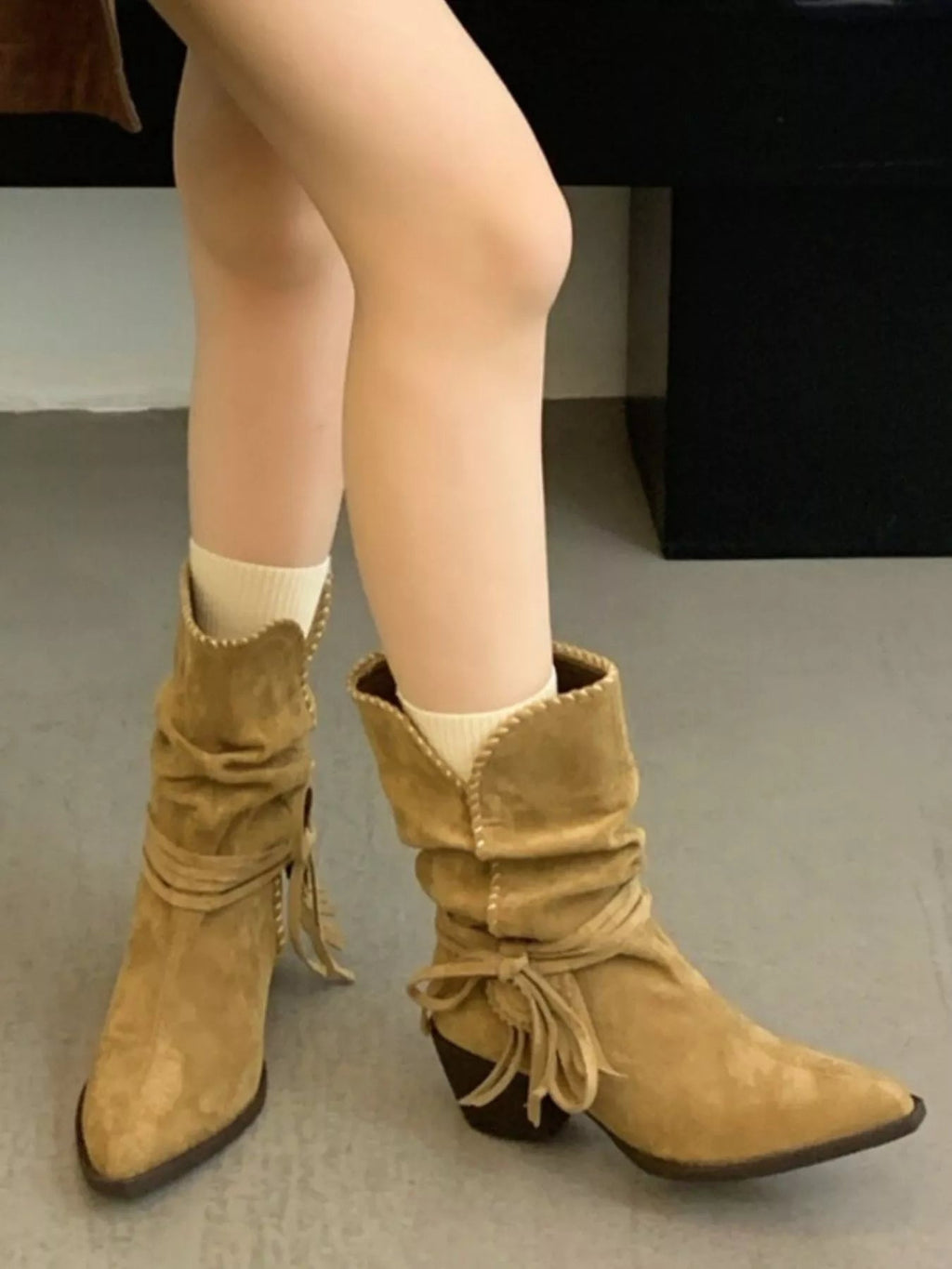 Pointed Toe Suede Block Heel Ankle Boots - Crowned Energy CO.