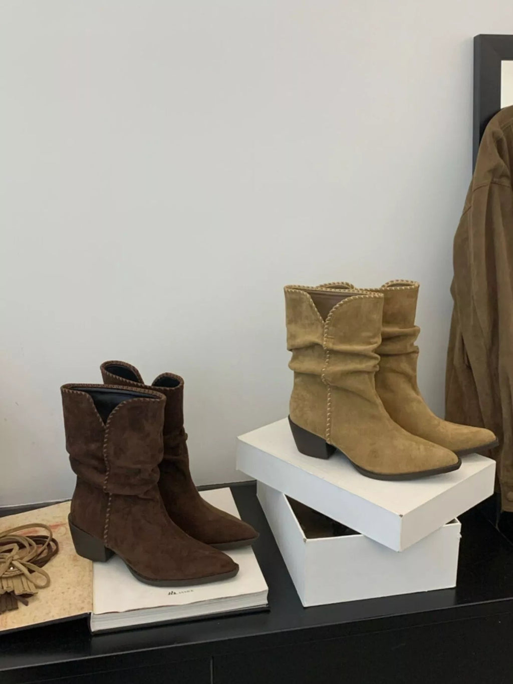 Pointed Toe Suede Block Heel Ankle Boots - Crowned Energy CO.