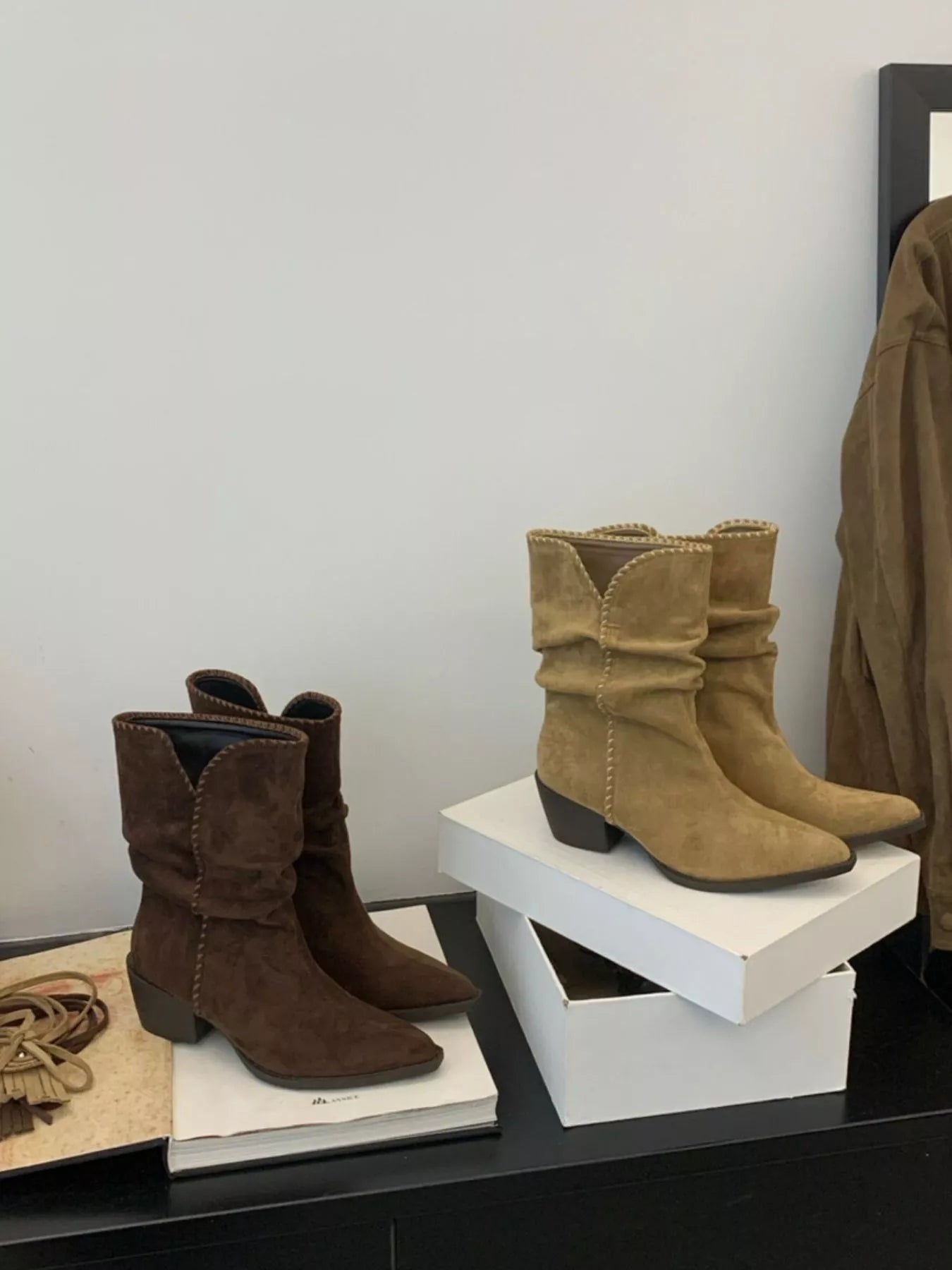 Pointed Toe Suede Block Heel Ankle Boots - Crowned Energy CO.