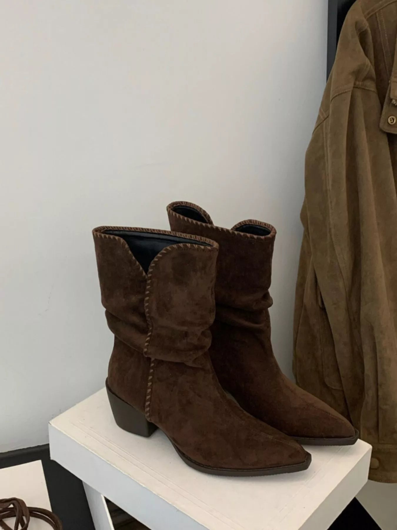 Pointed Toe Suede Block Heel Ankle Boots - Crowned Energy CO.