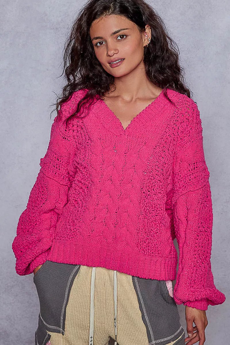 POL Cable - Knit Solid V - Neck Cropped Sweater - Goddess Vibes