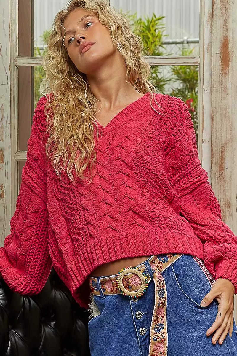 Crowned Energy CO. FUCHSIA / S Trendsi Sweaters & Cardigans/Cardigans POL Cable-Knit Solid V-Neck Cropped Sweater